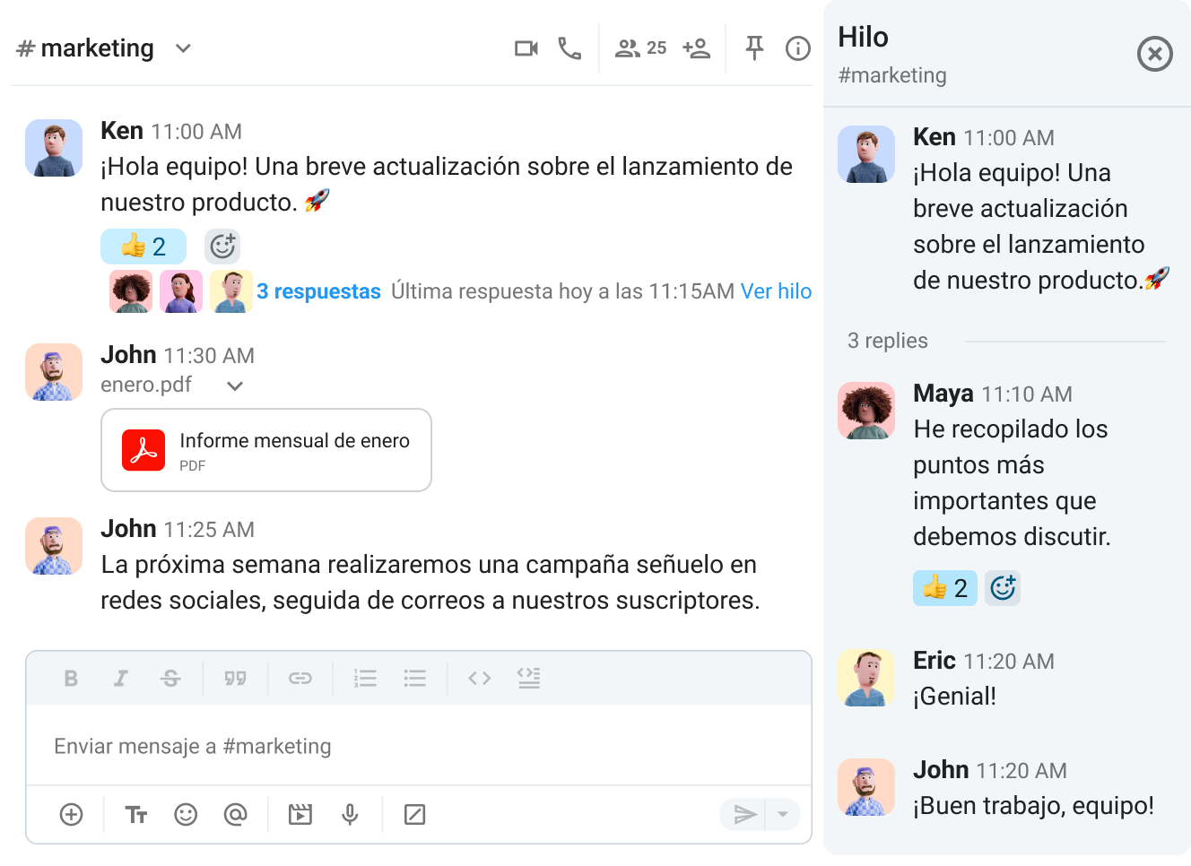 Canales e hilos en Pumble