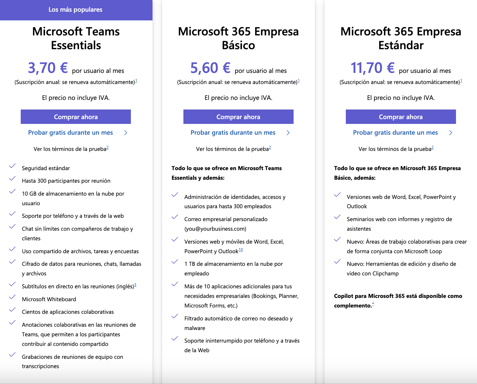 Precios de los Planes empresariales de Microsoft Teams