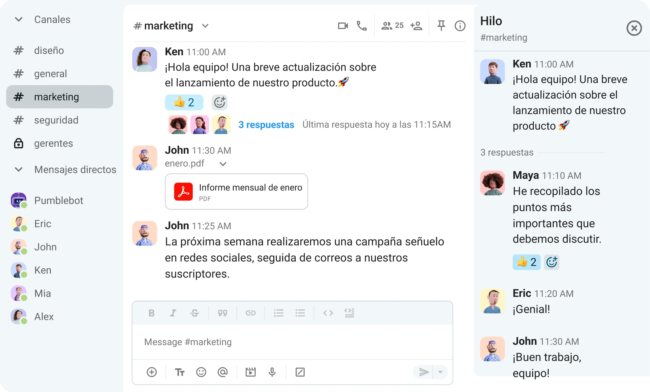 Envía mensajes y archivos en canales, como un mensaje directo o una respuesta en hilos.