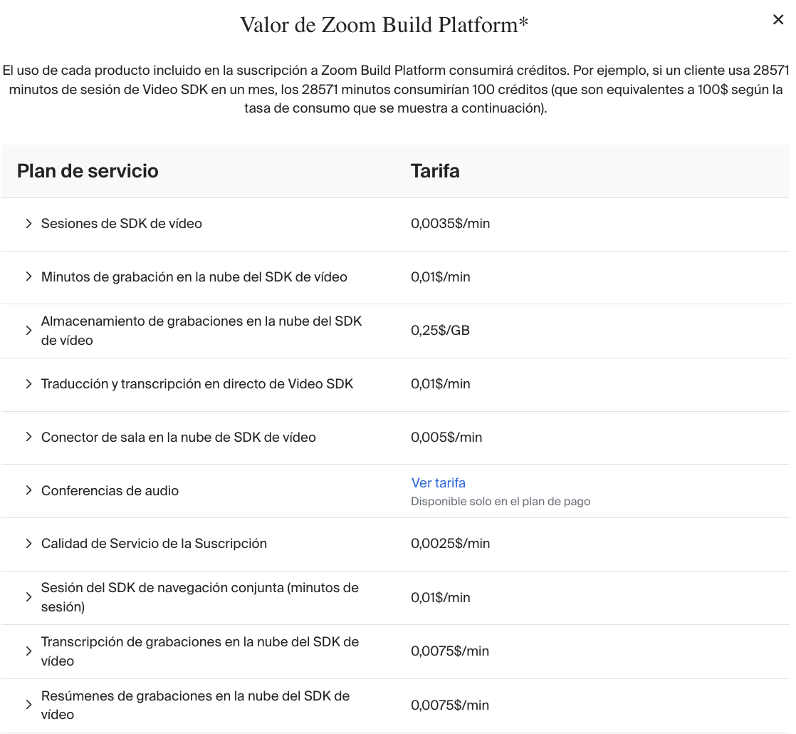 Precios de Build Platform de Zoom