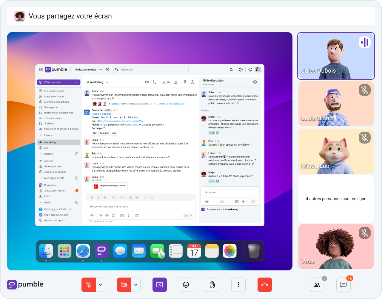Communiquez avec votre équipe par messages, fils de discussion ou appels audio et vidéo dans Pumble
