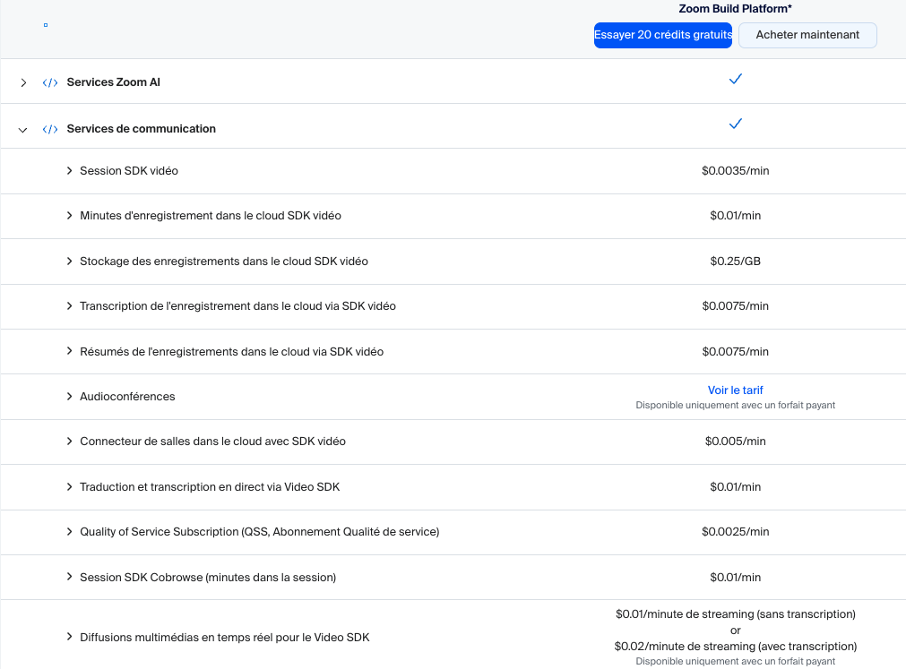 Tarifs de Zoom Build