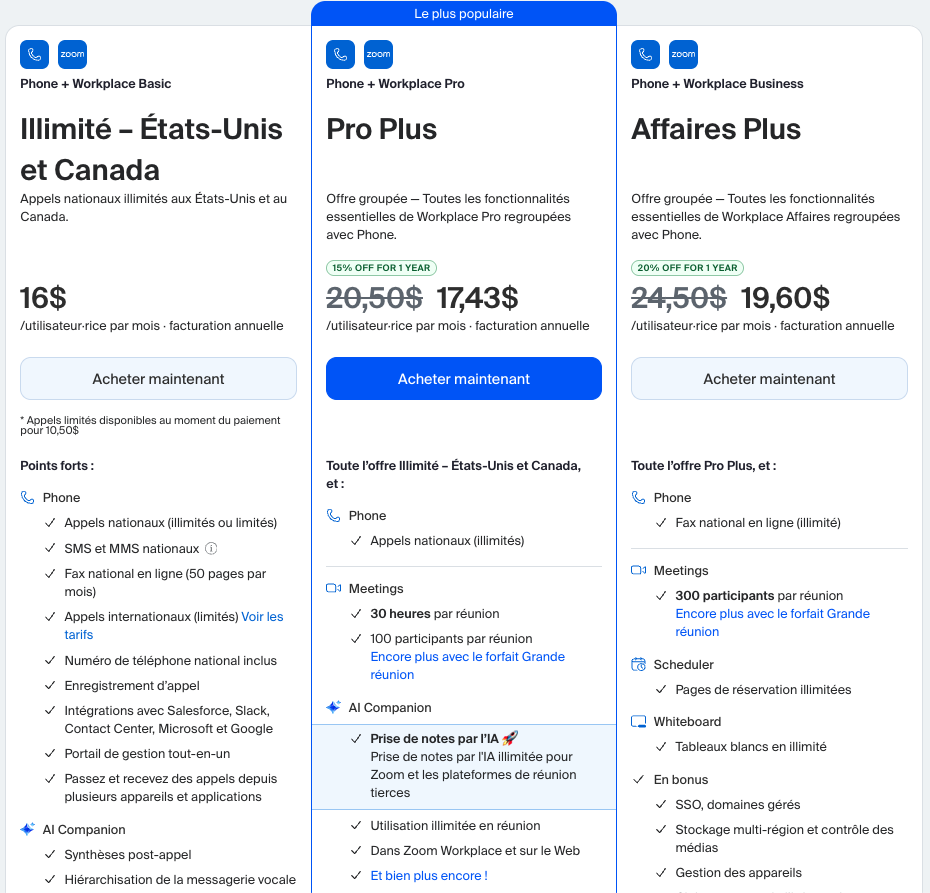 Tarifs de Zoom Phone