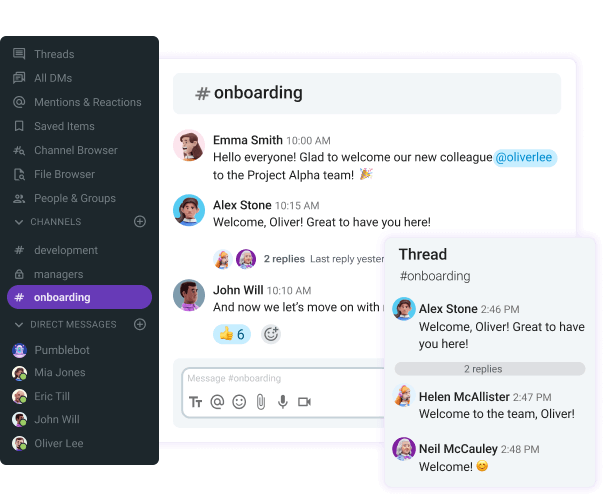 Collaborate via channels, threads and DMs