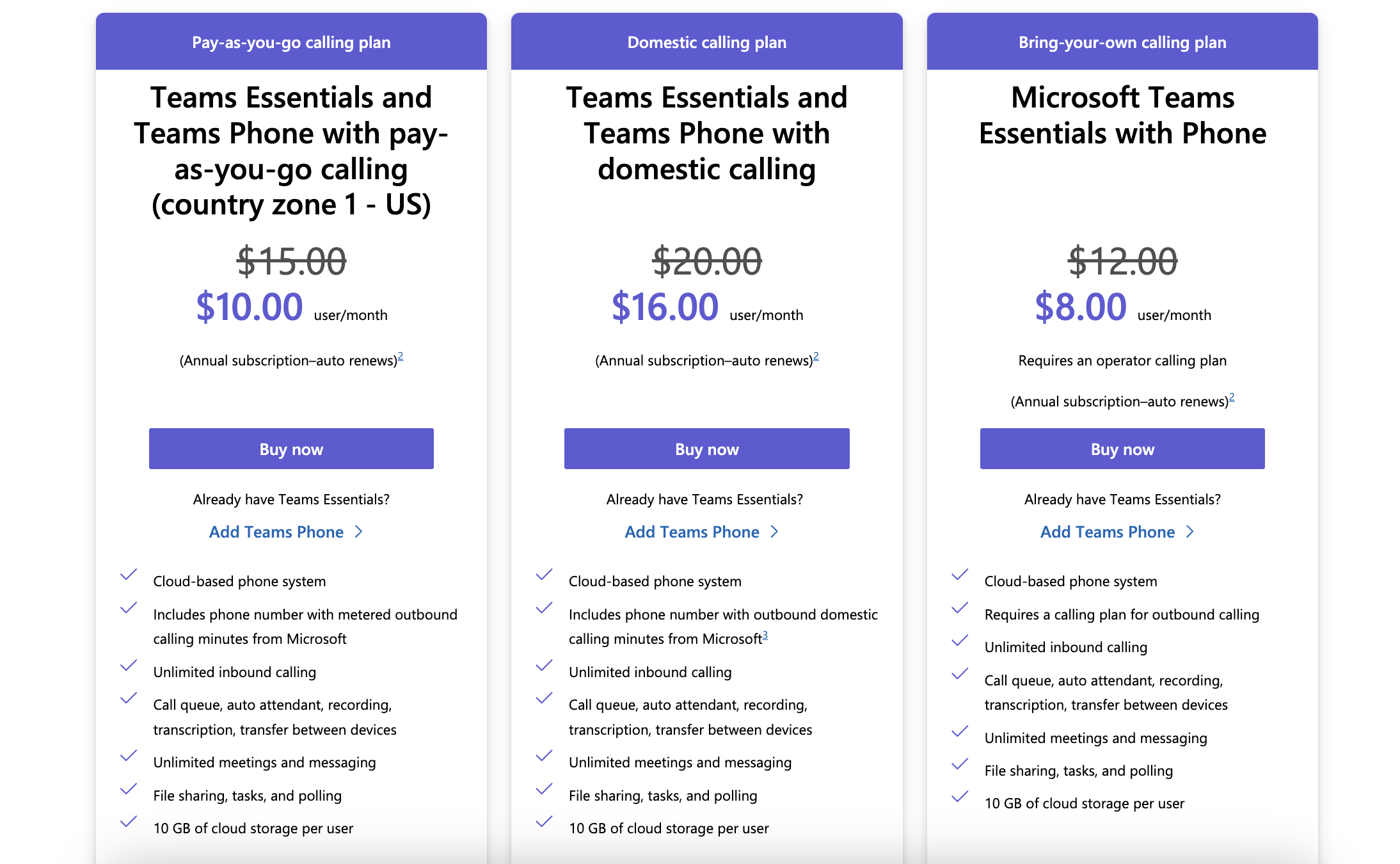 Categoria Pacotes do Microsoft Teams – preços