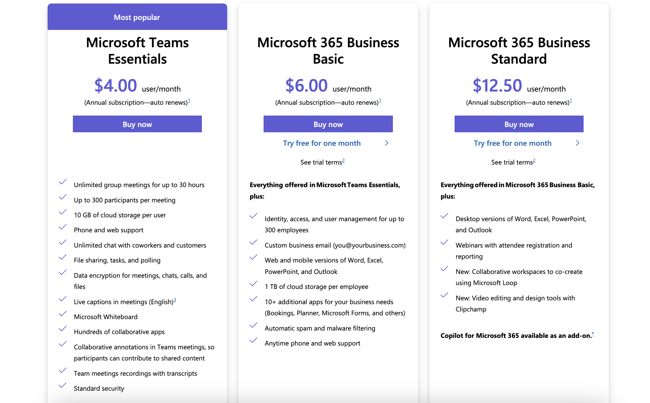 Preços dos planos empresariais do Microsoft Teams