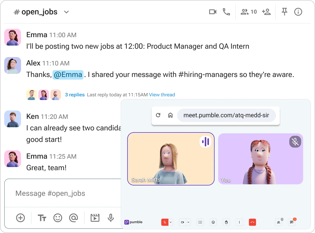 Connect with your team via messages, threads, or voice and video calls in Pumble