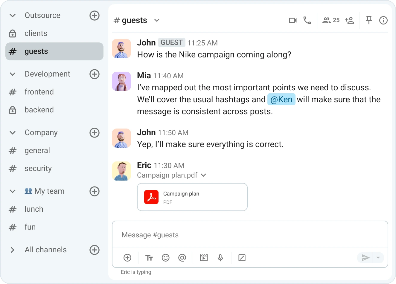 Share files, create channels, and invite guests into your Pumble workspace