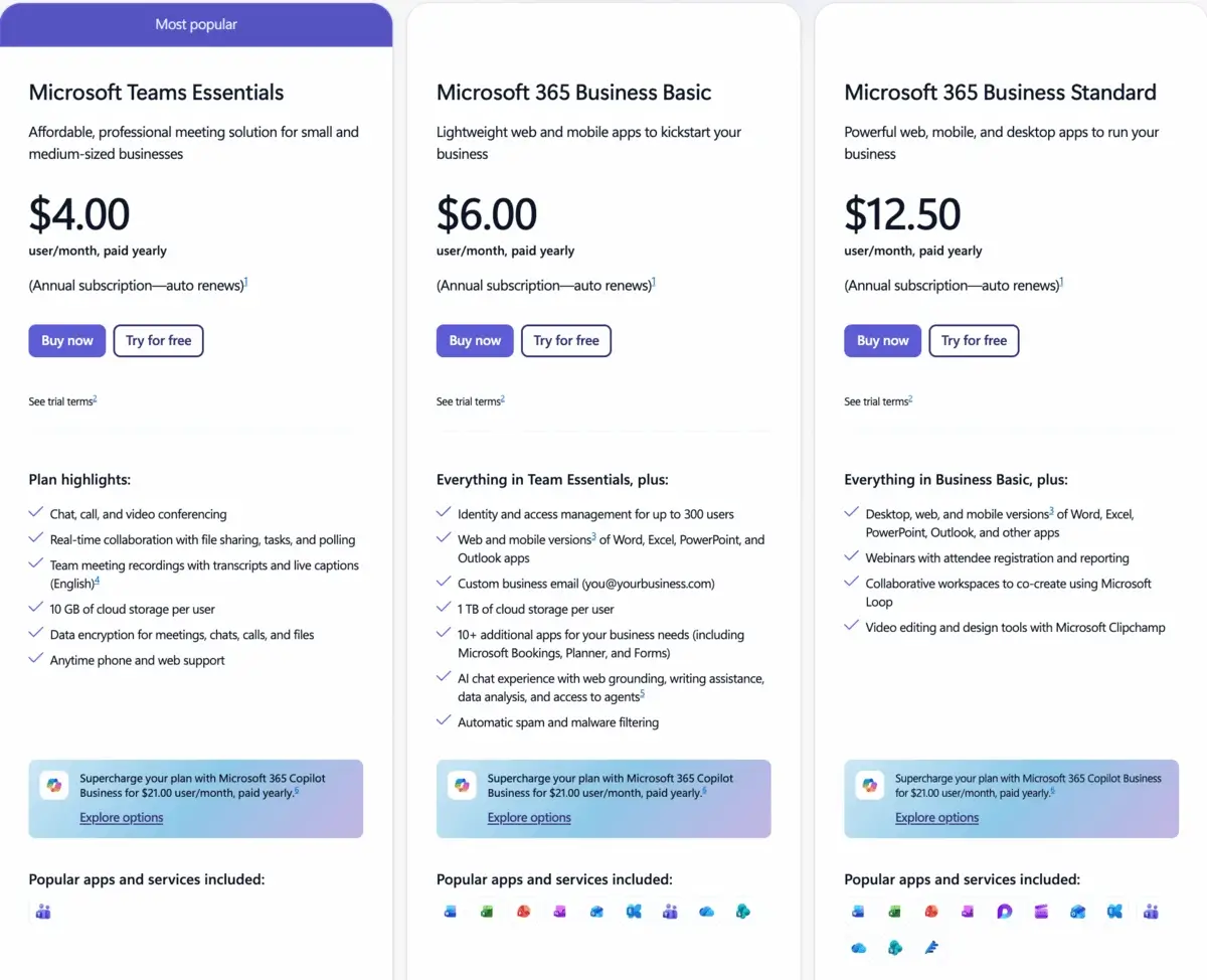 Microsoft Teams Business plans