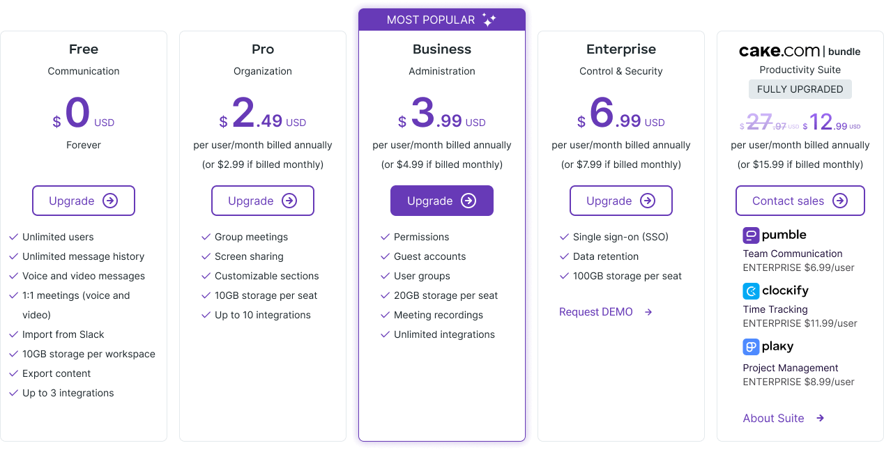 Pumble's pricing plans