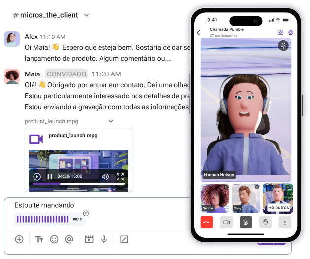 Comunicação em tempo real com chats e videochamadas no Pumble