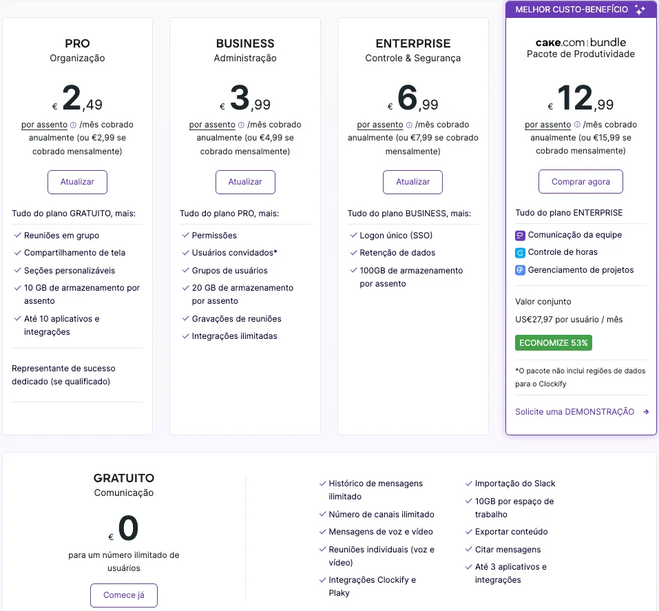 Plano de preços do Pumble