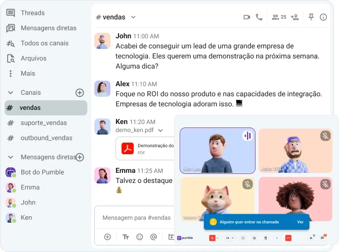 Conecte-se com sua equipe por meio de mensagens, threads ou chamadas de voz e vídeo no Pumble