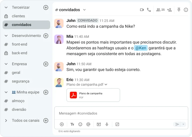 Compartilhe arquivos, crie canais e chame convidados para o seu espaço de trabalho no Pumble