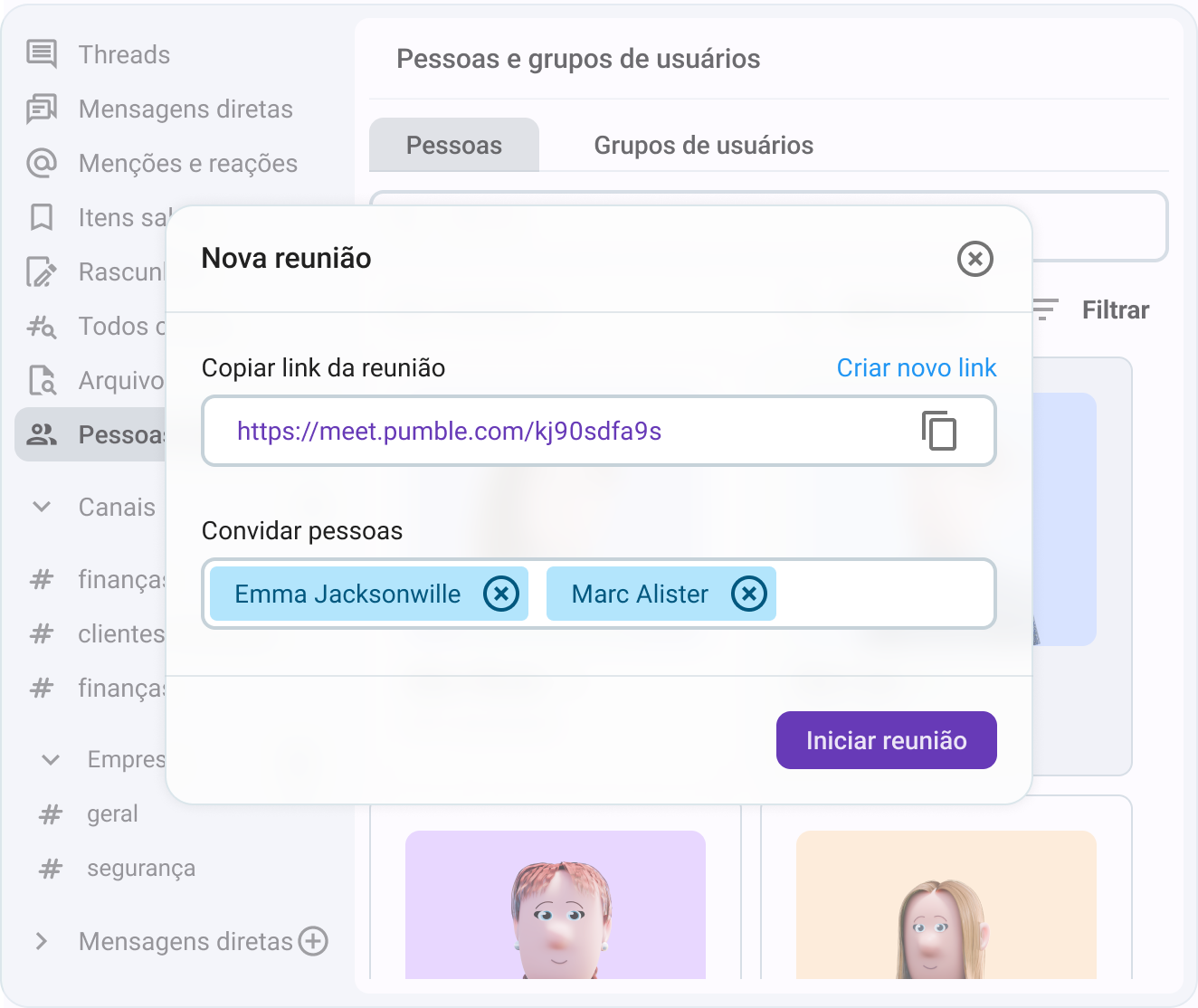 Crie ou participe de uma reunião com um link