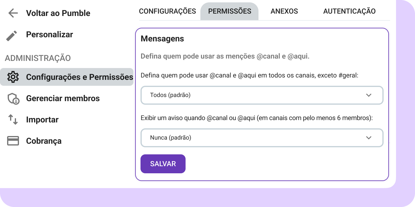 Defina permissões no Pumble