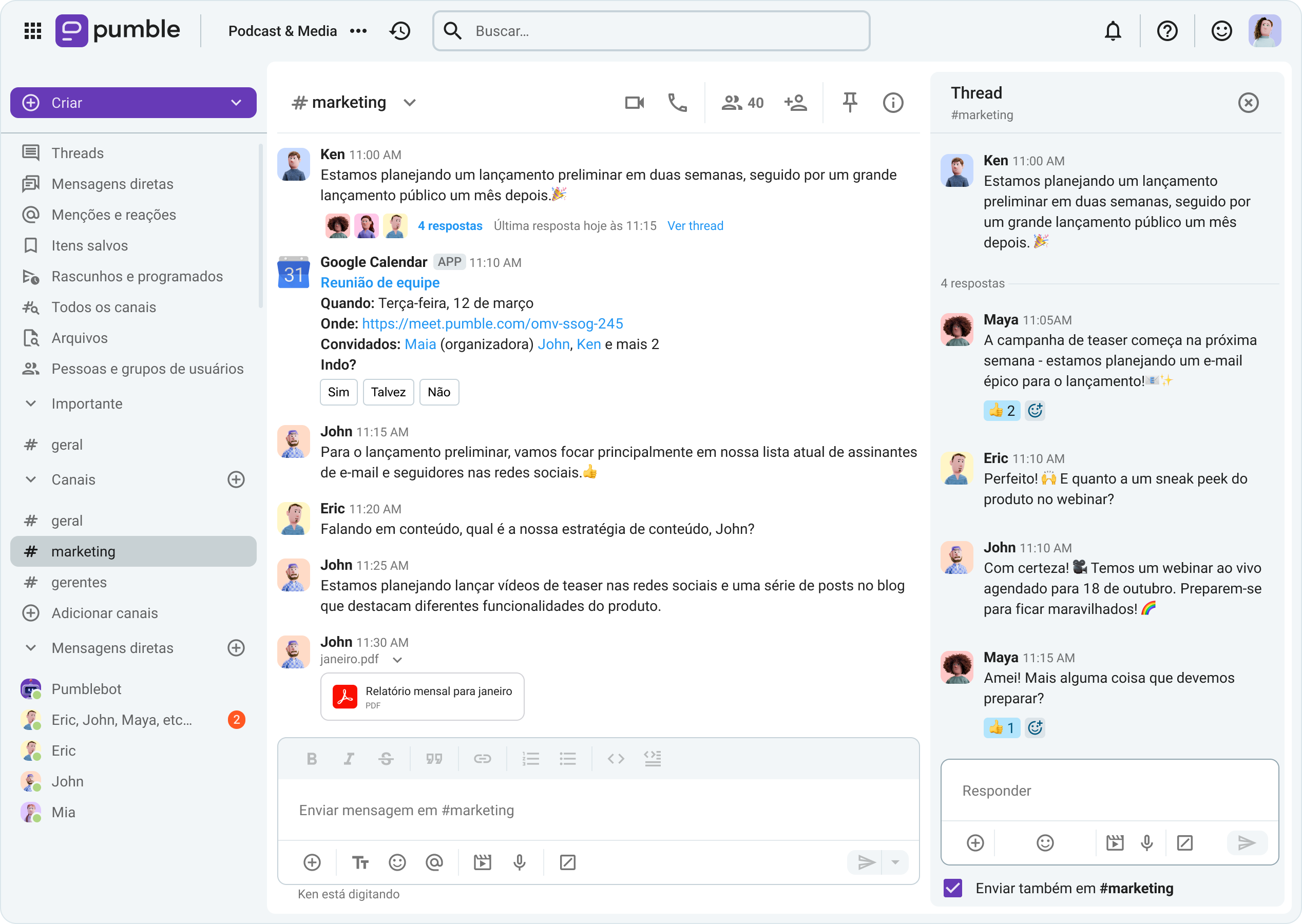Enviar mensagens e arquivos em canais, como mensagem direta ou como resposta em threads
