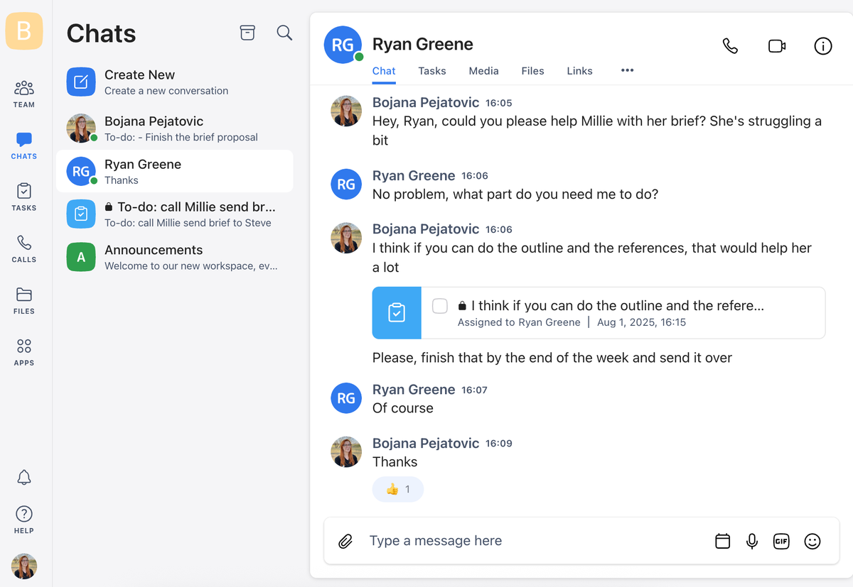 Setting up tasks directly in the chat on Chanty