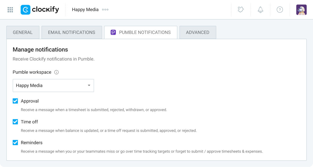 Emable notifications in Clockify