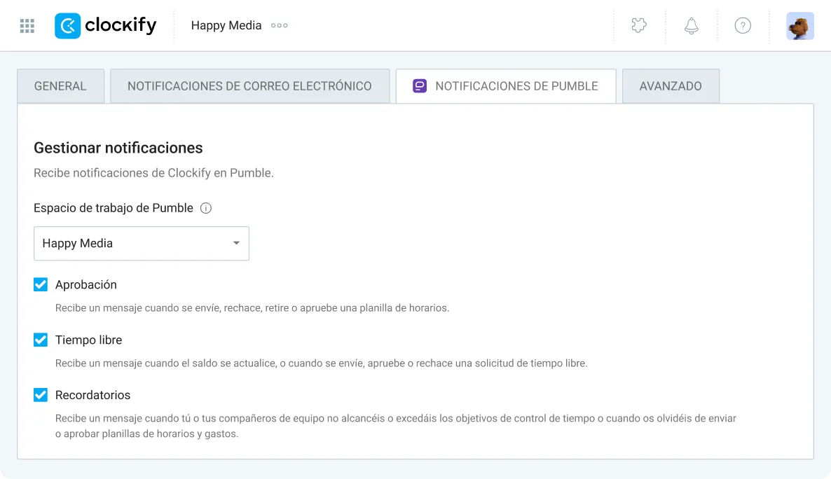 Activa las notificaciones en Clockify