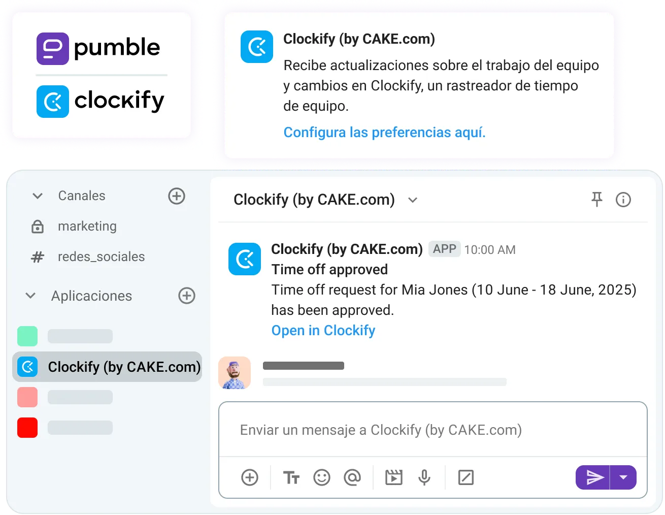 Foto de cómo Clockify funciona en Pumble
