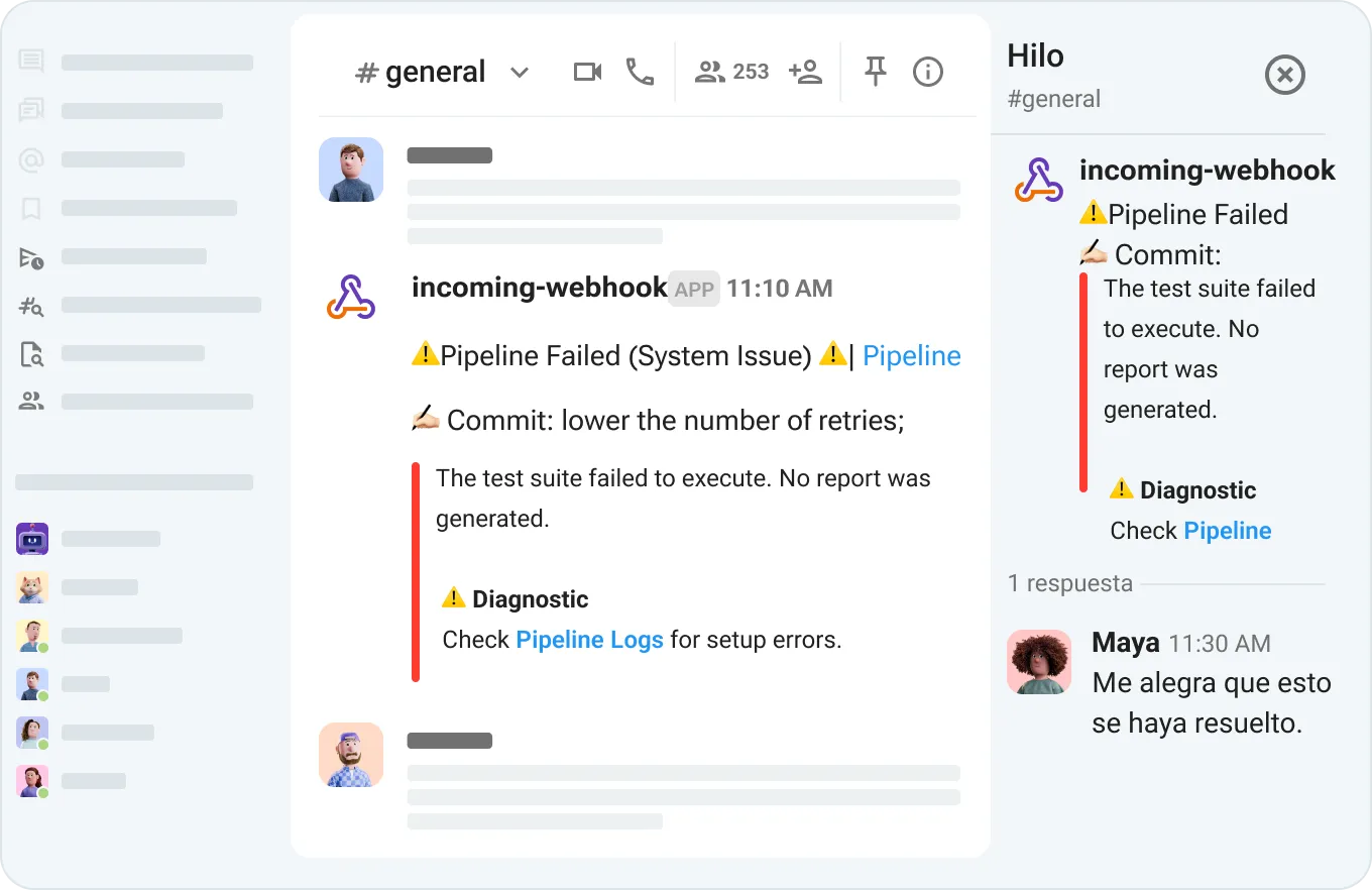 Discute sobre solicitudes de fusión y estados de despliegue en Pumble