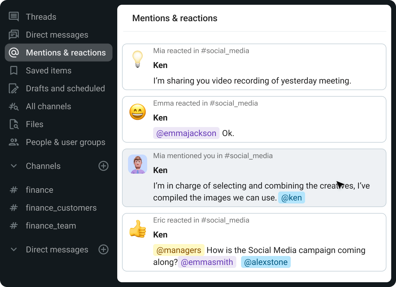 Mentions and reactions feed