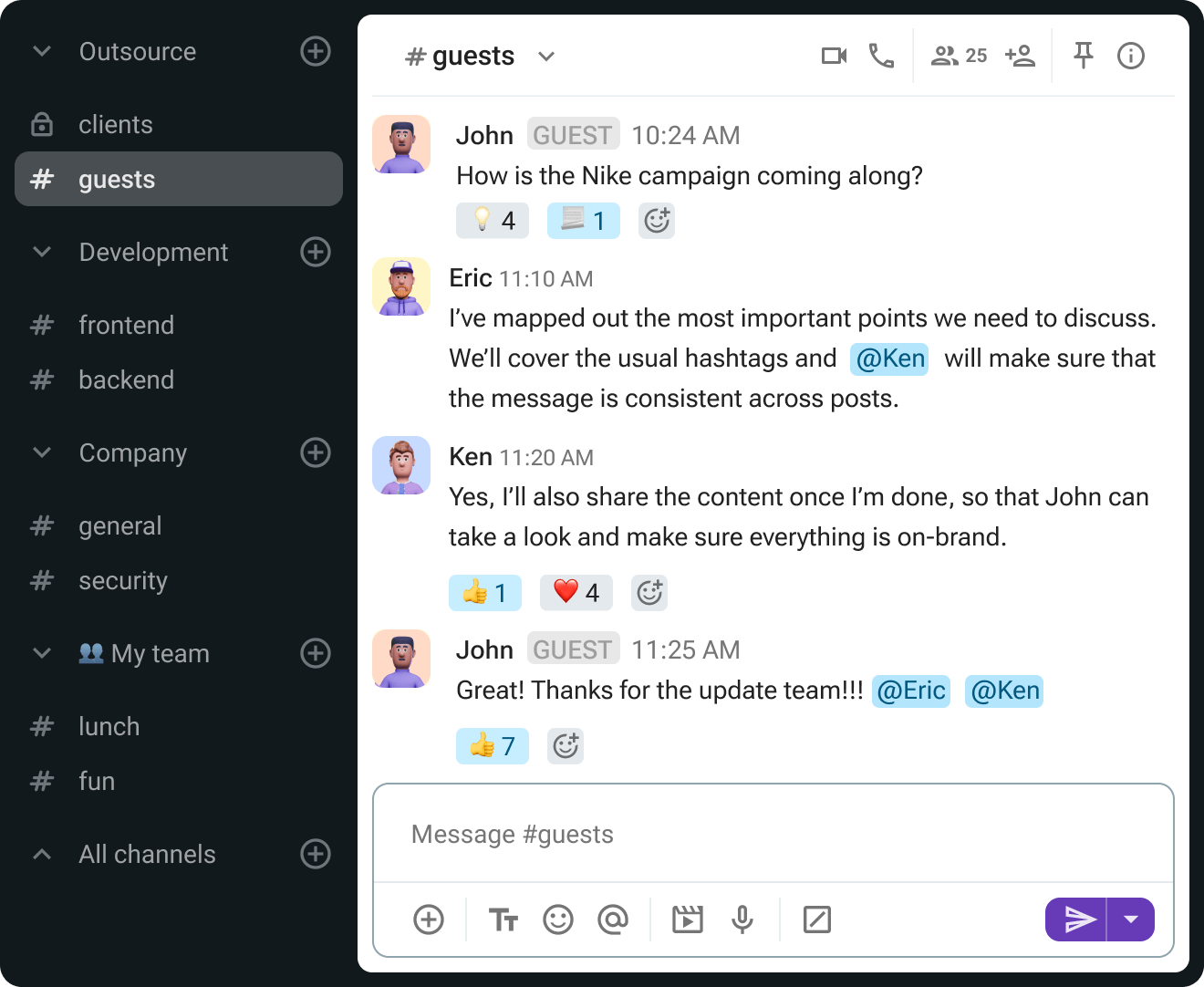 Use mentions and reactions to notify your team