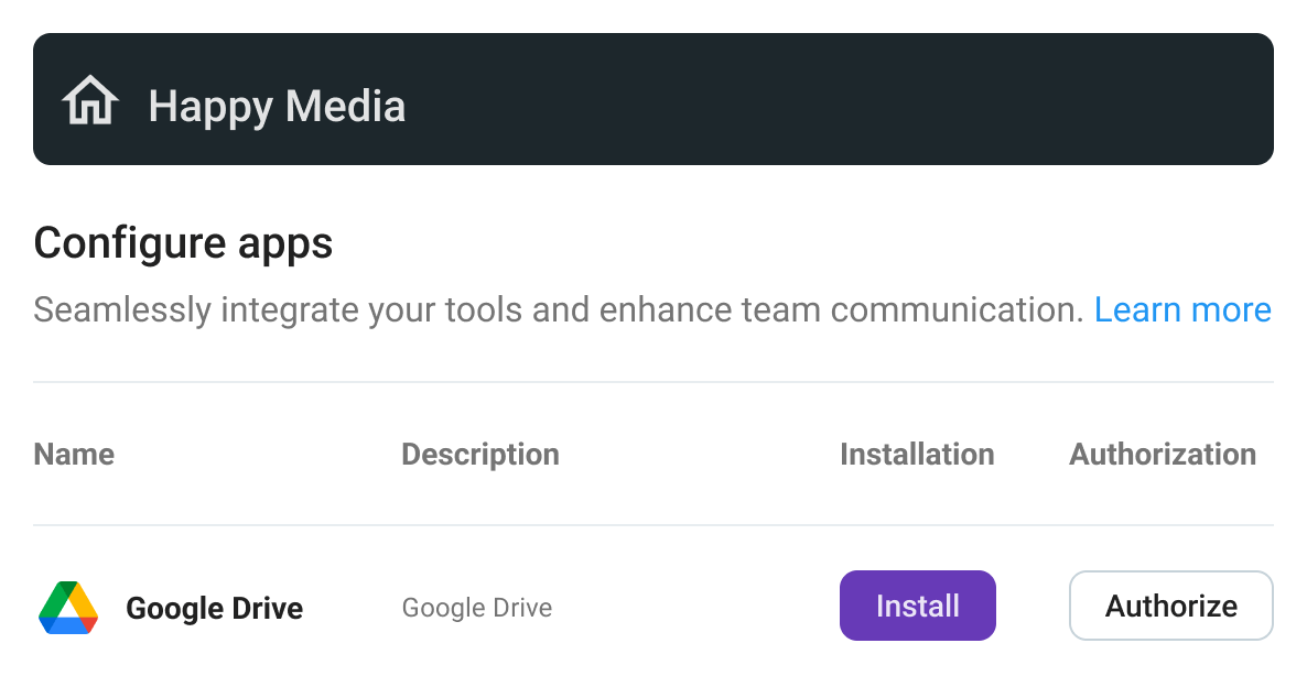 Image of the Apps setion in Pumble where you can find Google Drive