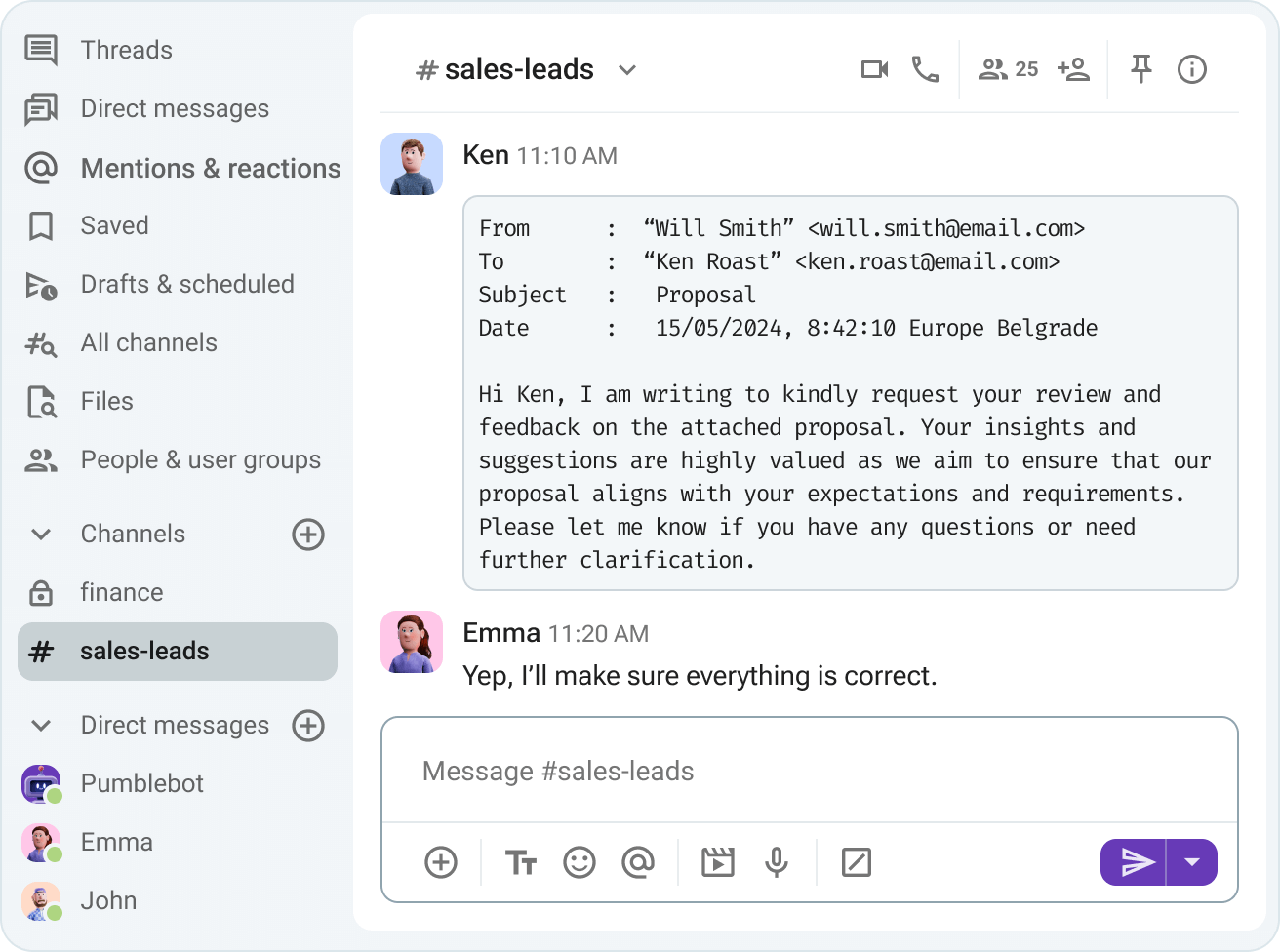 The look of Gmail events in Pumble channel