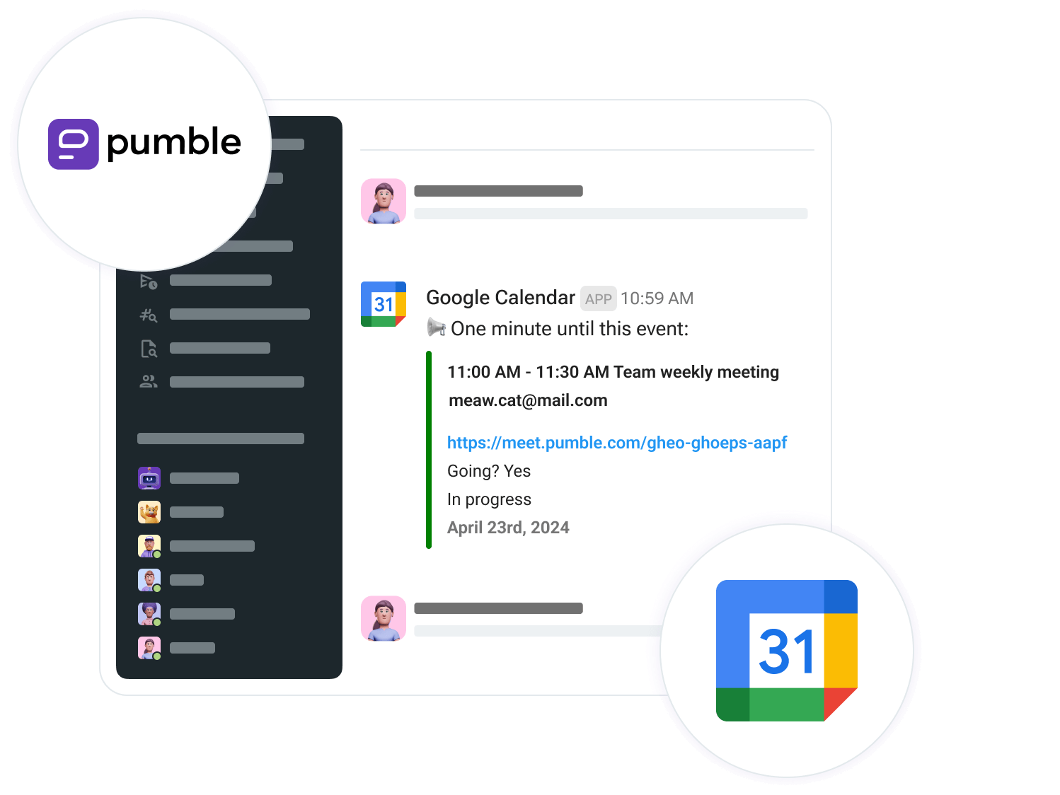 Image of how Google Calendar works in Pumble
