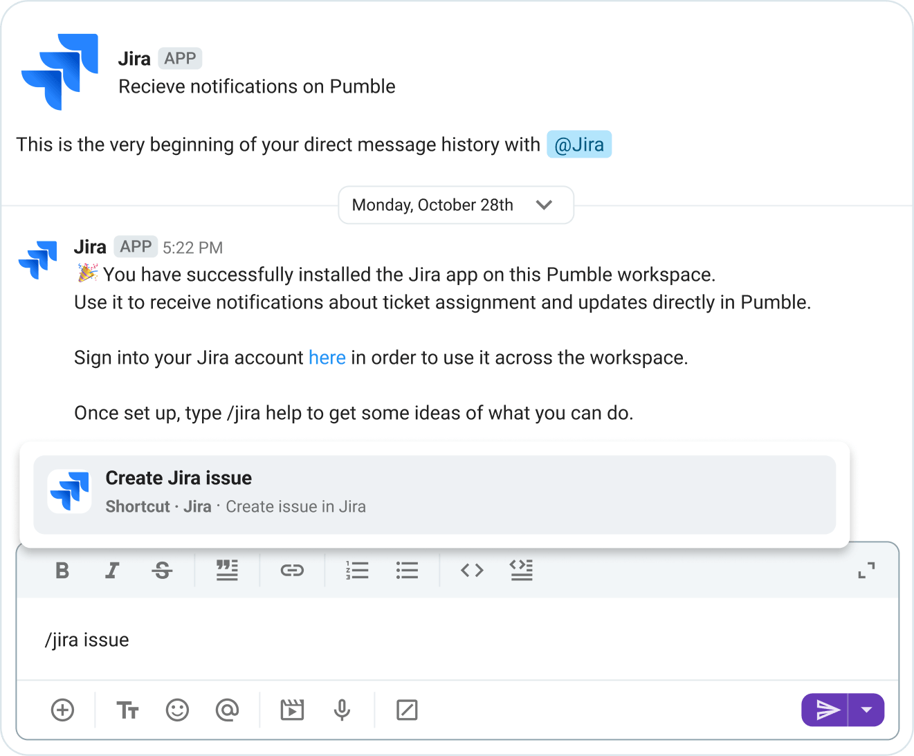 Jira slash command list in Pumble