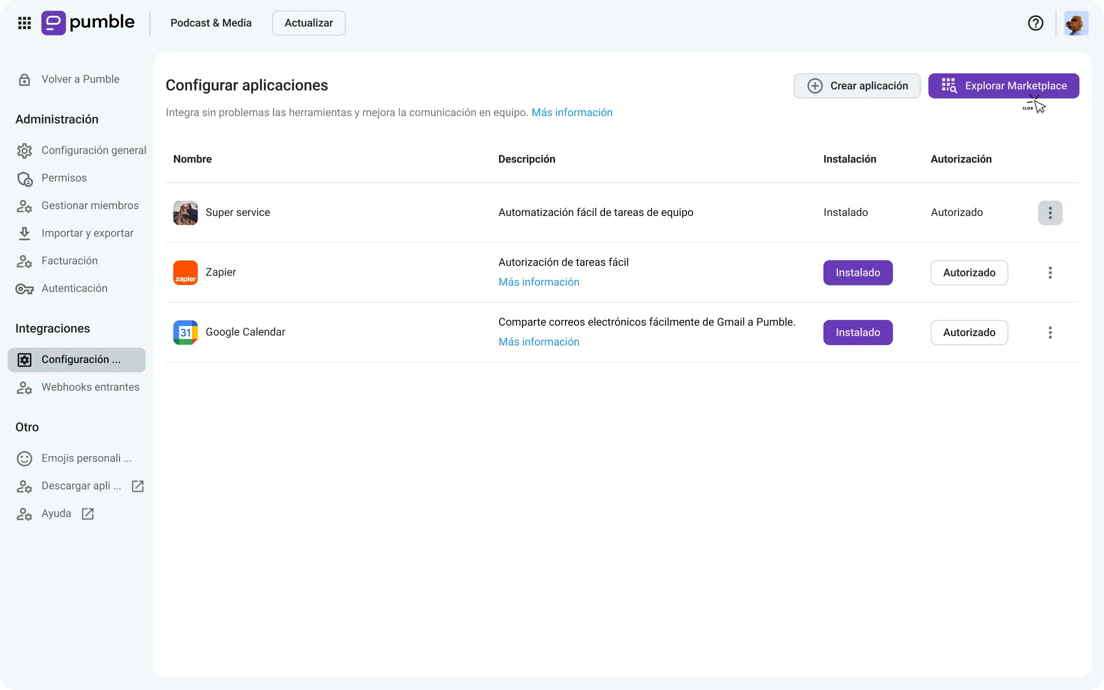 Configura aplicaciones en Pumble