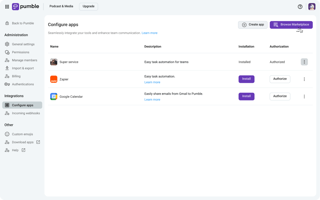 Configure apps in Pumble