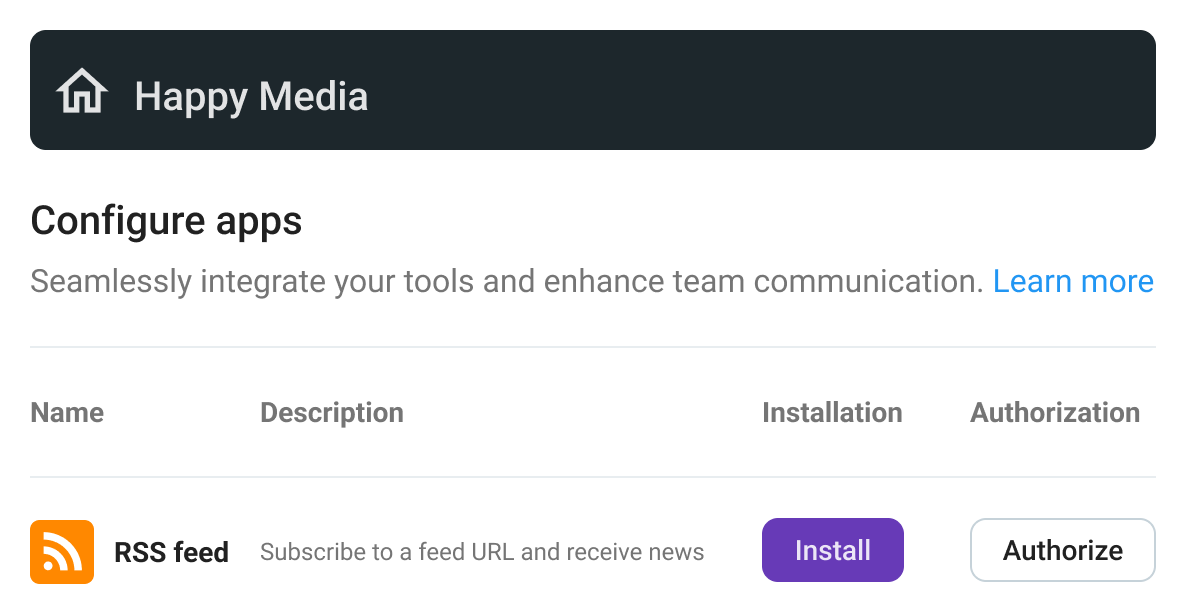 Image of the Apps setion in Pumble where you can find RSS Feed
