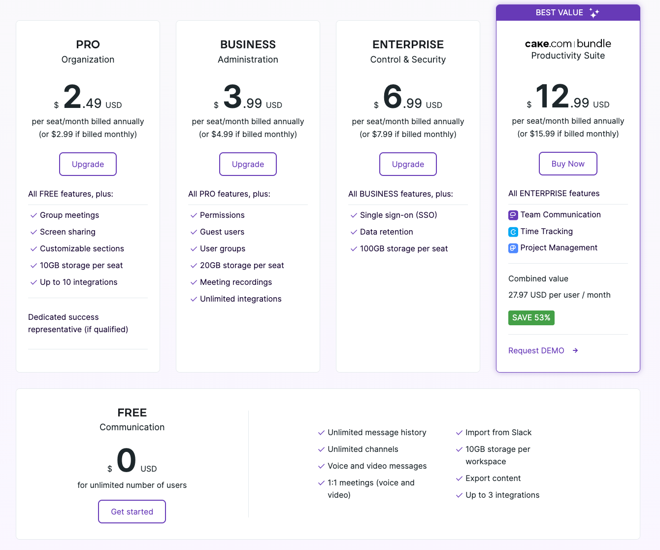 Pumble's pricing plans