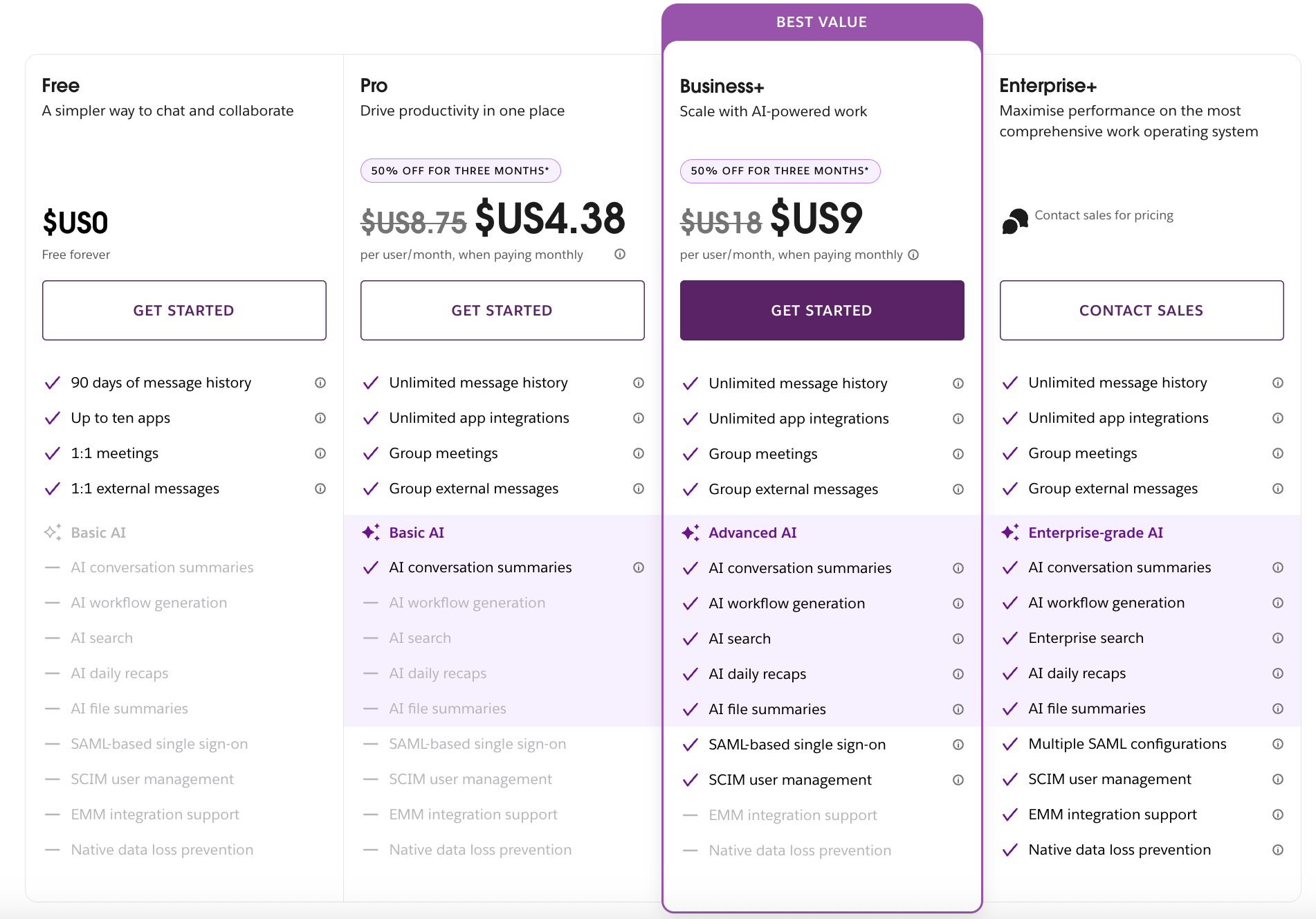 Slack's pricing plans