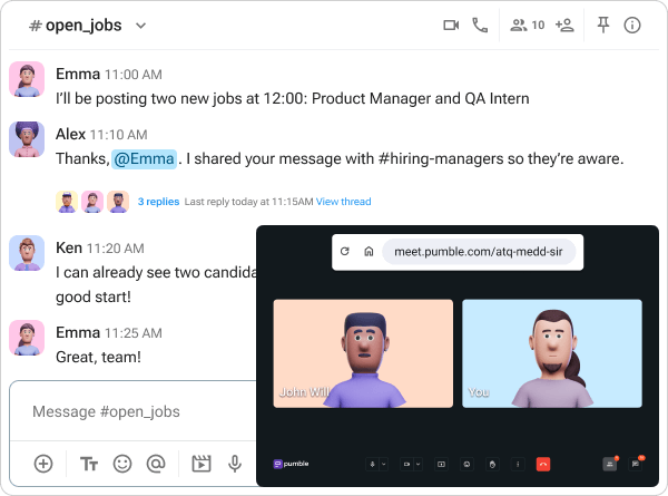 Messages and meetings in a Pumble channel
