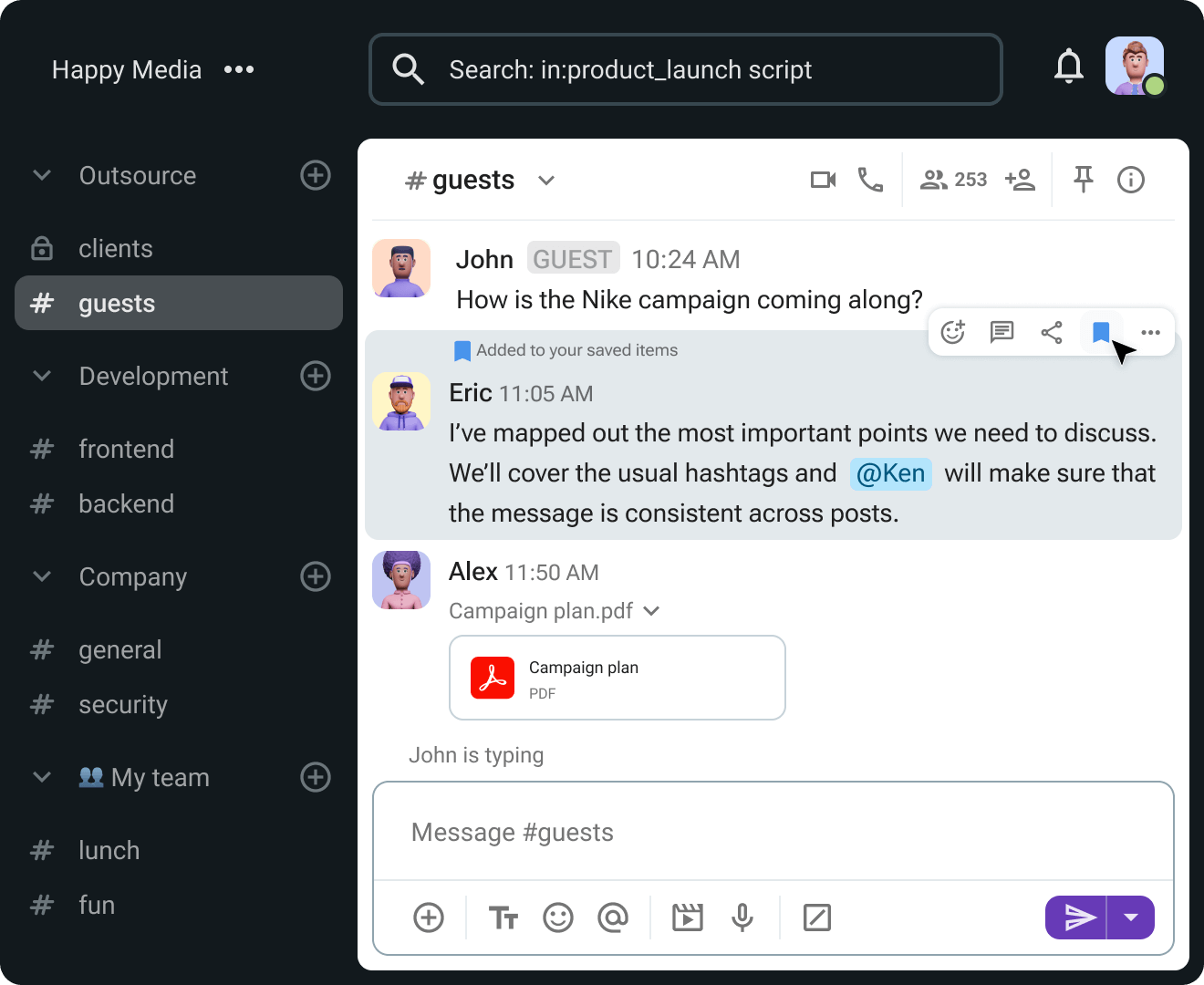 Share files, save and pin messages, and search