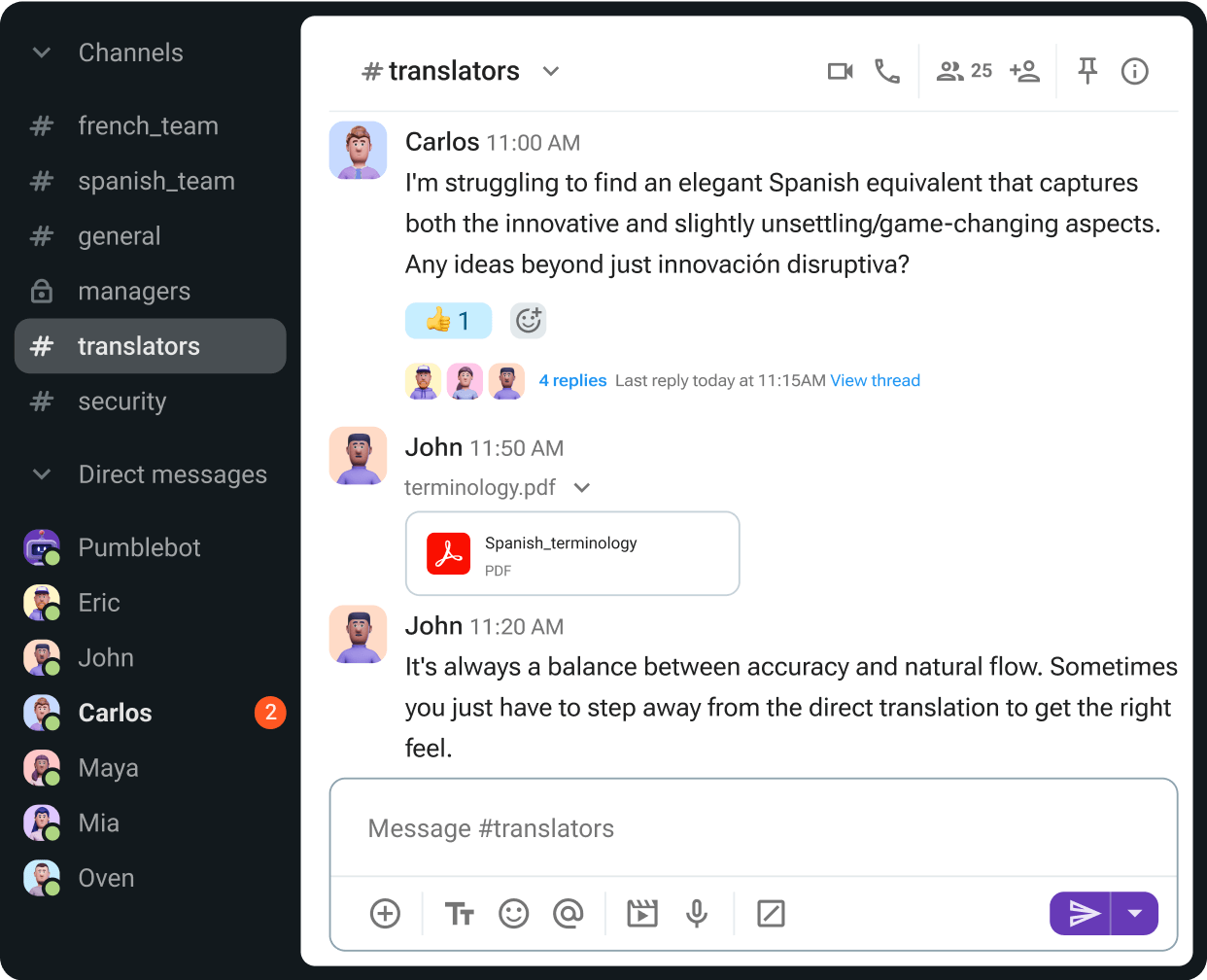 Translators messaging in channels, DMs, or threads