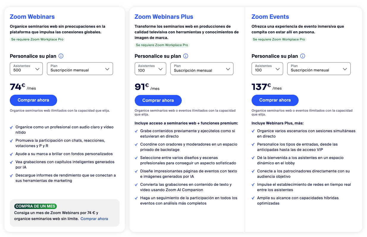Zoom Events and Webinars plans
