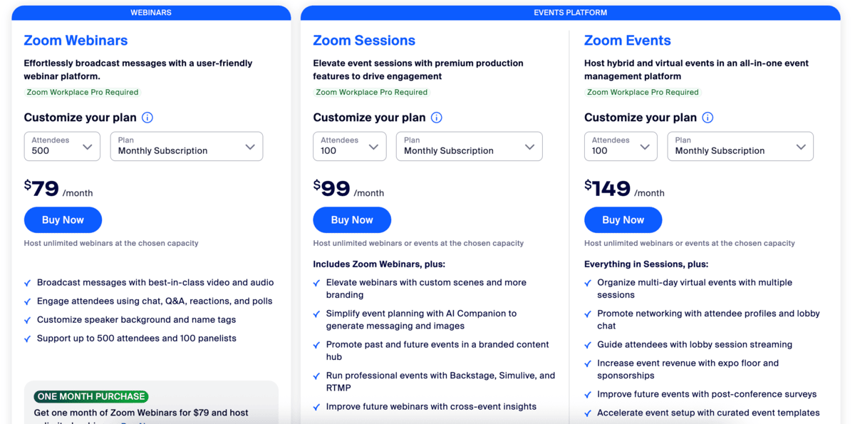 Zoom Events and Webinars plans