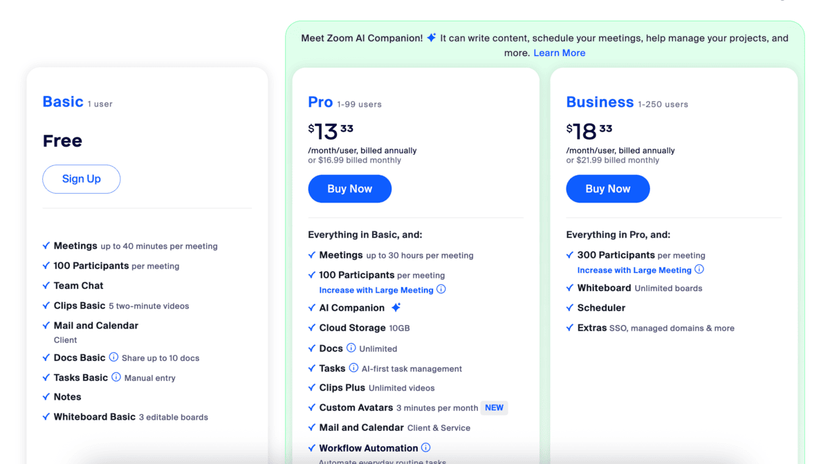 Zoom one pricing plans
