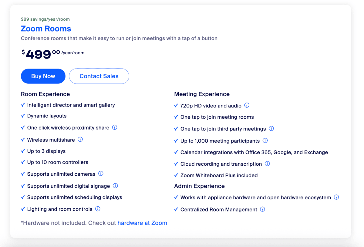 Zoom Rooms plans and features
