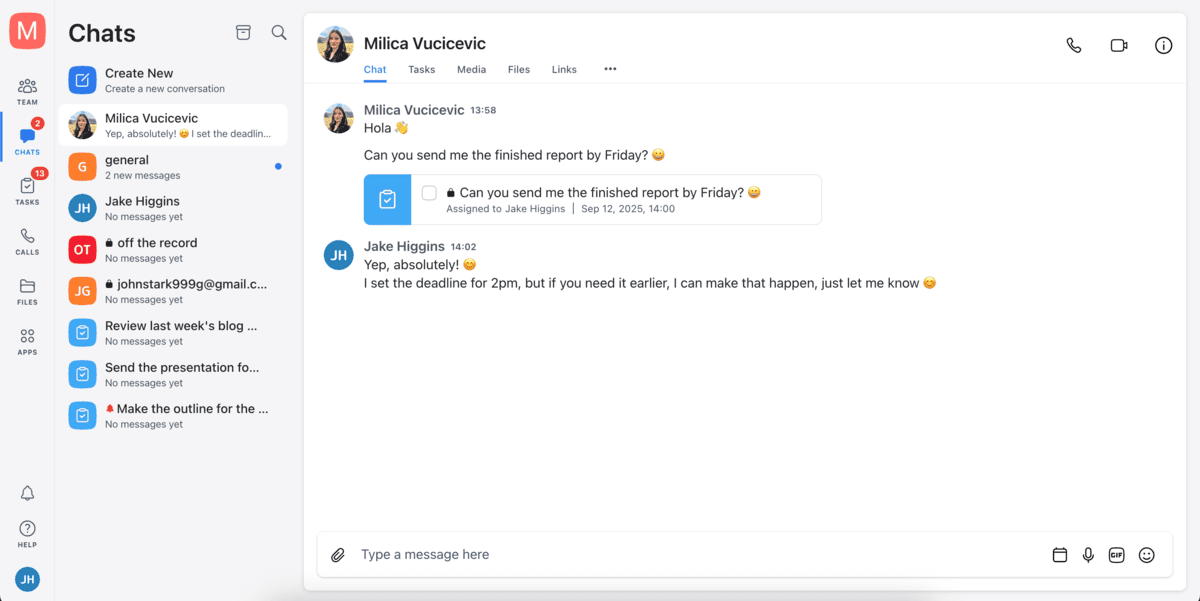 Creating a task from a message in Chanty