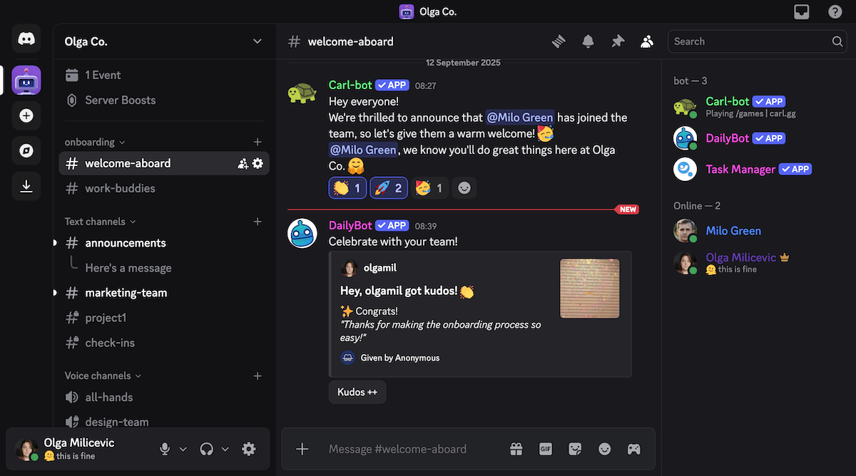 Carl-bot welcomes Milo and Olga receives an anonymous kudos through DailyBot on Discord