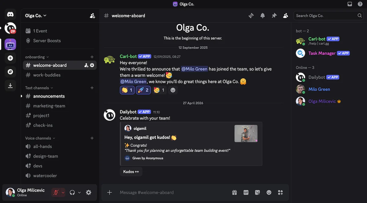 Carl-bot welcomes Milo and Olga receives an anonymous kudos through DailyBot on Discord