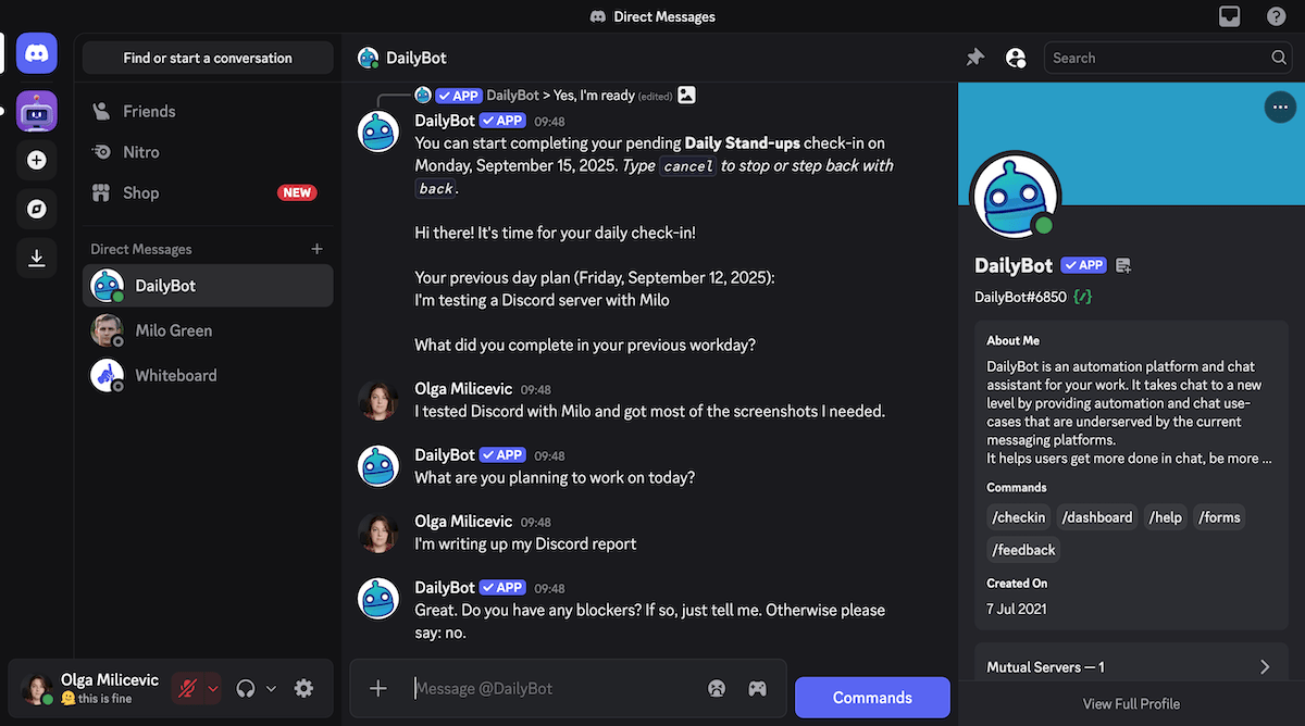 Checking in with DailyBot through direct messages on Discord
