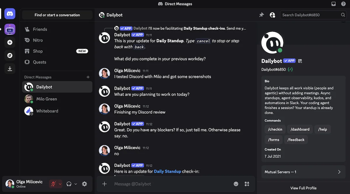 Checking in with DailyBot through direct messages on Discord