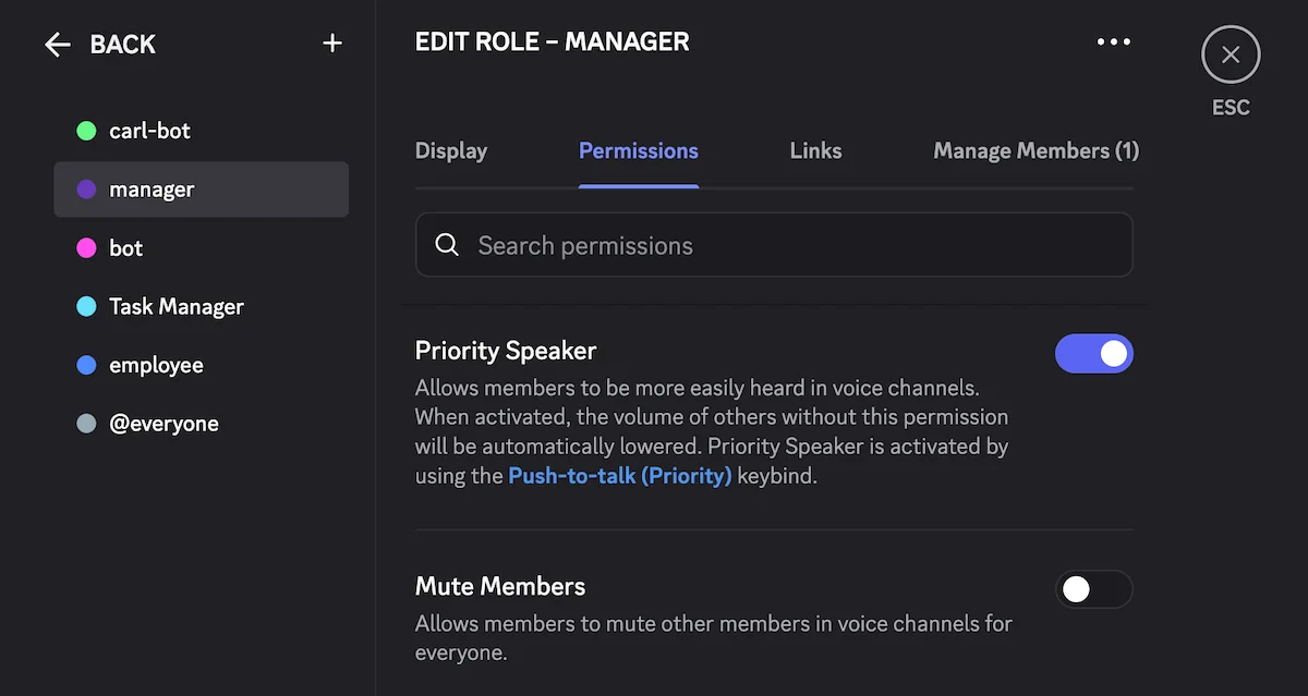 Create a role hierarchy and make some roles priority speakers on Discord